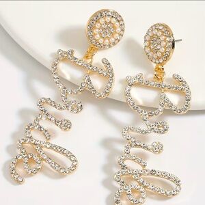 Rose gold-tone rhinestone & pearl script Bride dangle earrings